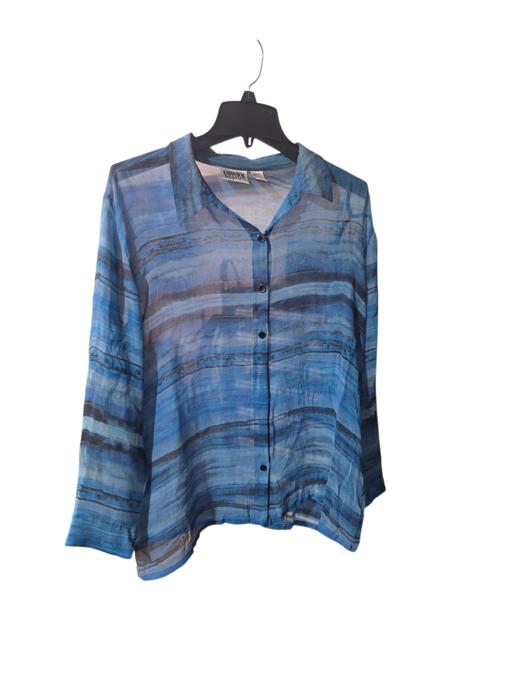 Chico's Blue Striped Button-Front Silk Blouse